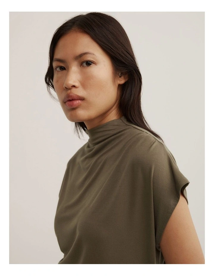 Draped High Neck Top in Khaki image 3