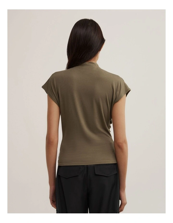 Draped High Neck Top in Khaki image 4
