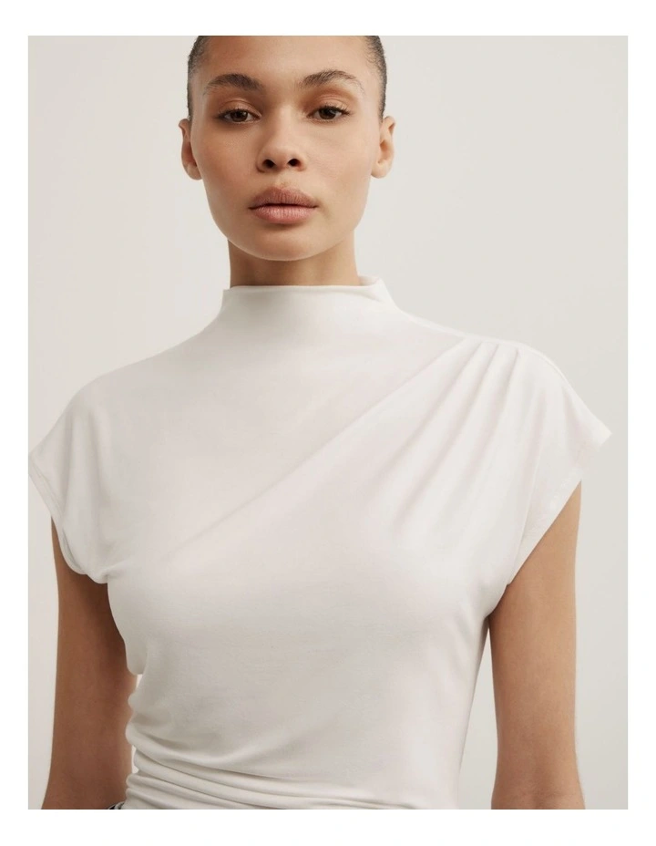 Draped High Neck Top in Fresh White image 3