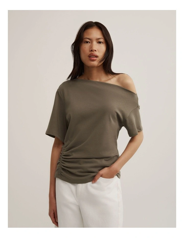 Ruched Asymmetric T-shirt in Khaki image 1