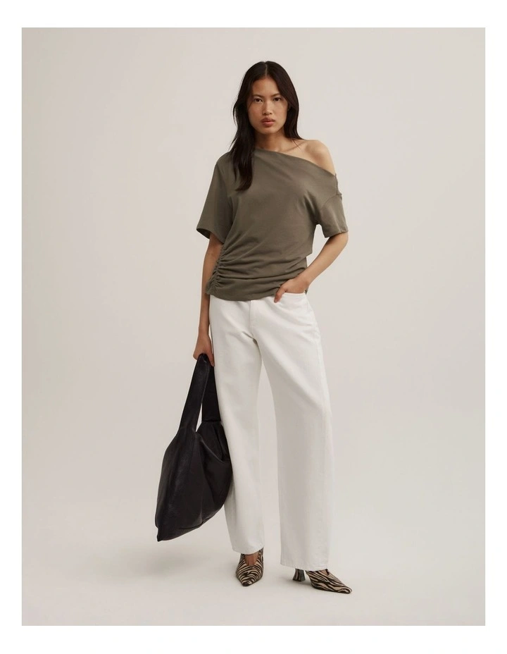 Ruched Asymmetric T-shirt in Khaki image 2