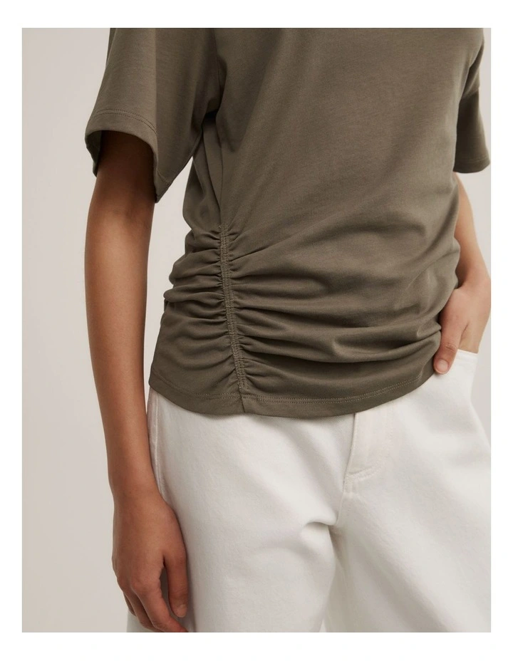 Ruched Asymmetric T-shirt in Khaki image 3