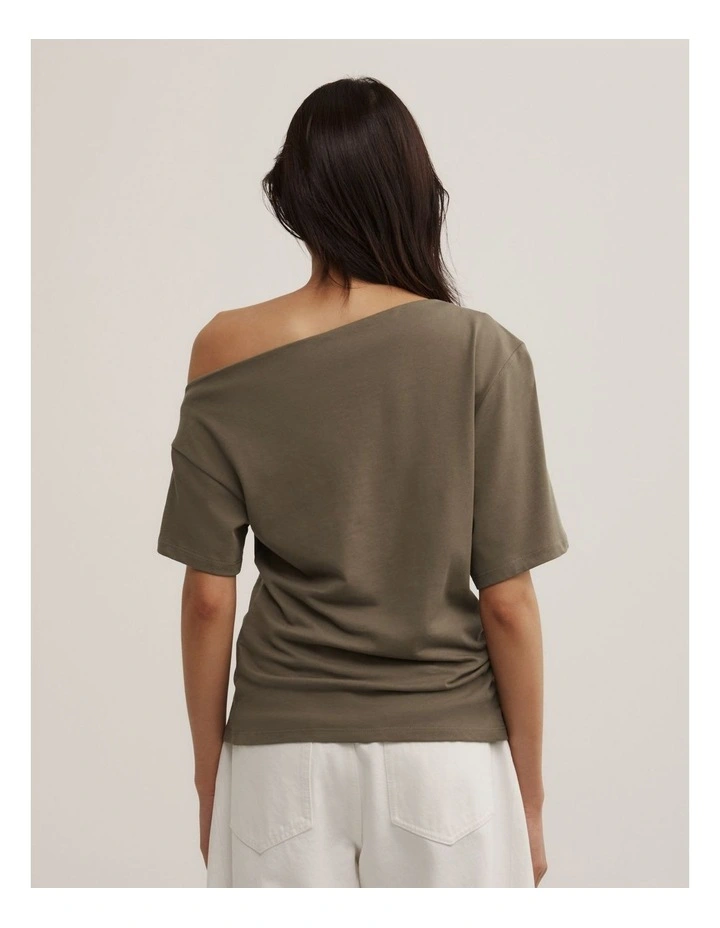 Ruched Asymmetric T-shirt in Khaki image 4