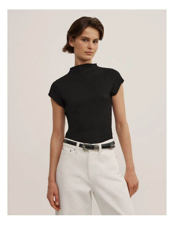 High Neck Textured T-shirt in Black image 1