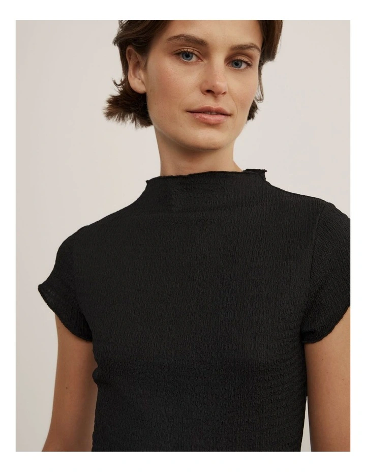 High Neck Textured T-shirt in Black image 3