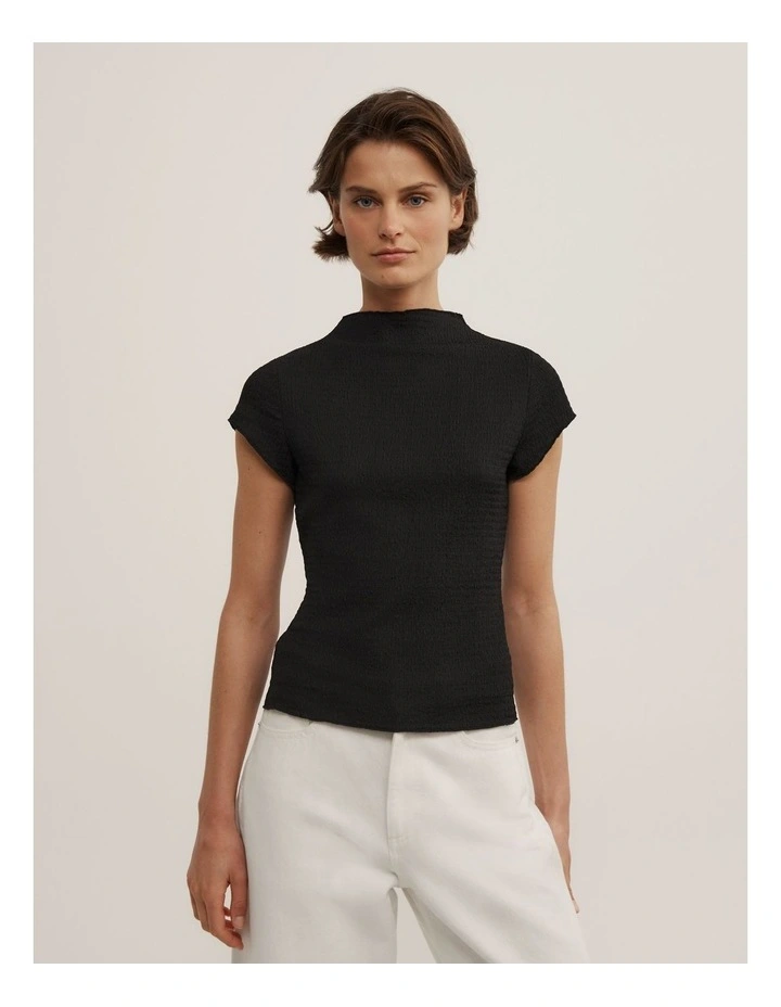 High Neck Textured T-shirt in Black image 4