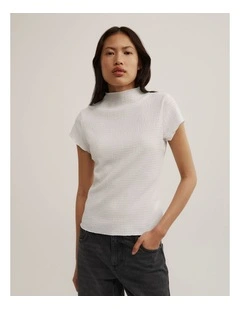 High Neck Textured T-shirt in Fresh White