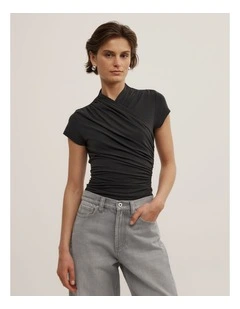 Wrap Cap Sleeve T-shirt in Black