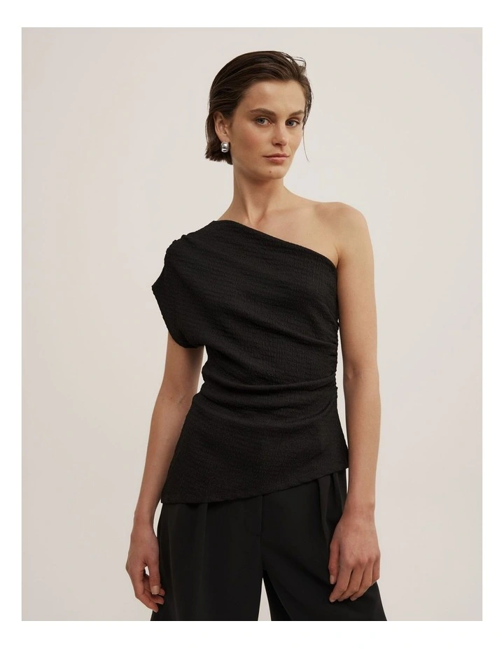 One Shoulder Textured Top in Black image 1