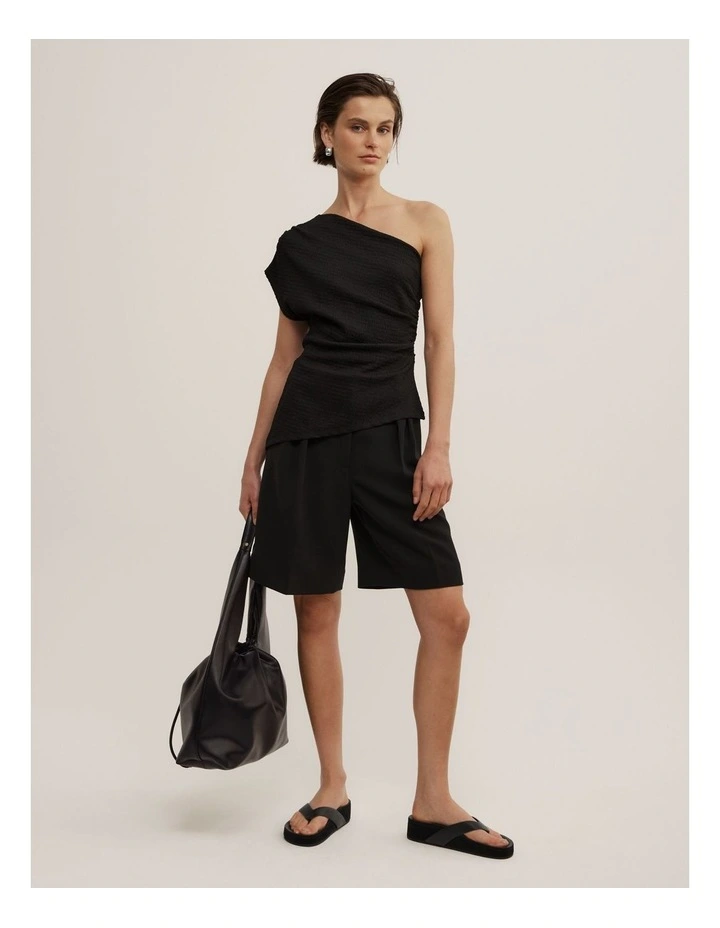 One Shoulder Textured Top in Black image 2
