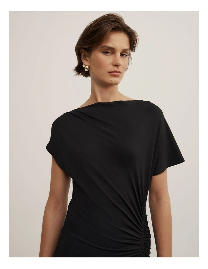 Drape Asymmetric Jersey Dress in Black image 3