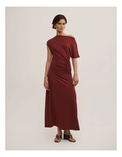 Drape Asymmetric Jersey Dress in Rust