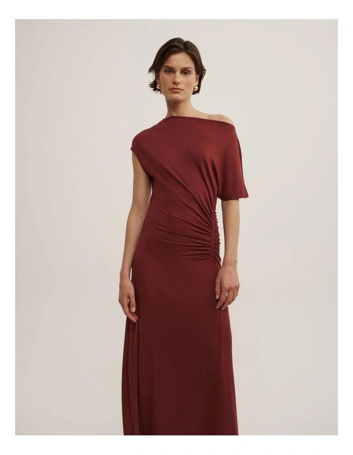 Drape Asymmetric Jersey Dress in Rust image 2
