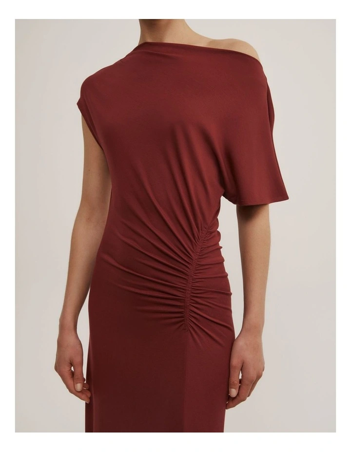 Drape Asymmetric Jersey Dress in Rust image 3