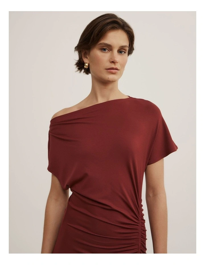 Drape Asymmetric Jersey Dress in Rust image 4