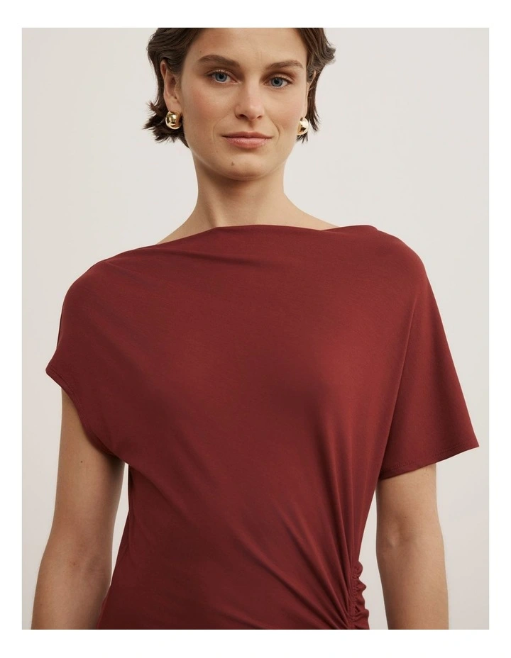 Drape Asymmetric Jersey Dress in Rust image 5