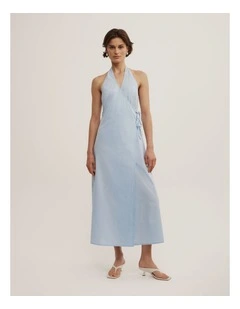 Halter Wrap Dress in Blue Multi Stripe