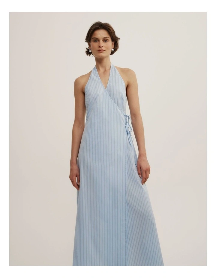Halter Wrap Dress in Blue Multi Stripe image 2
