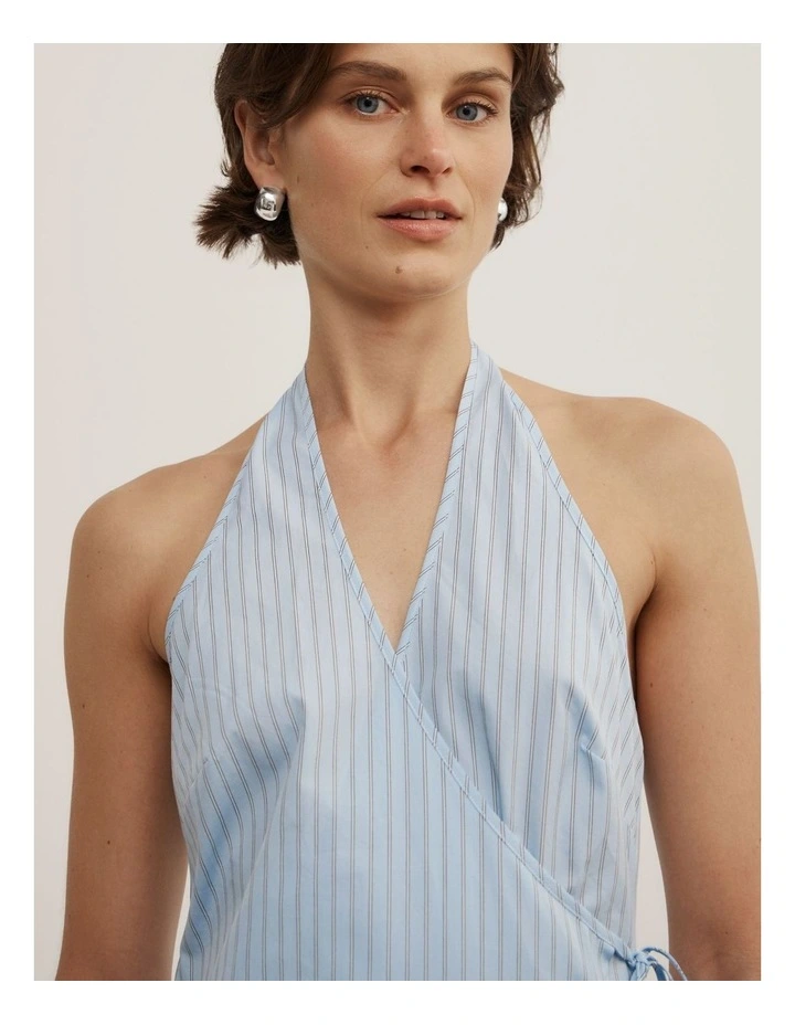 Halter Wrap Dress in Blue Multi Stripe image 3