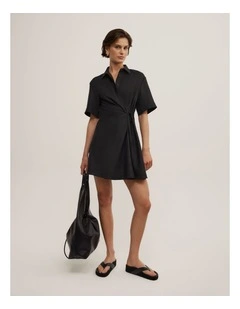Tie Mini Shirt Dress in Black