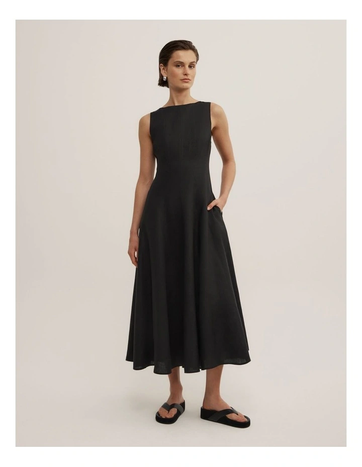 Linen Panel Midi Dress in Black image 1