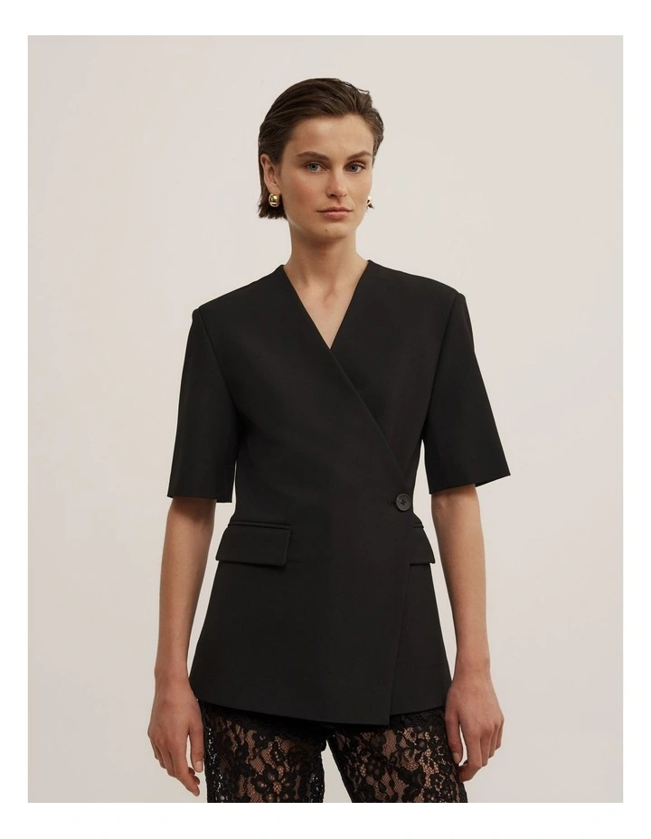 Short Sleeve Wrap Blazer in Black image 3
