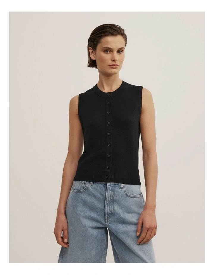 Knit Button Tank in Black image 1