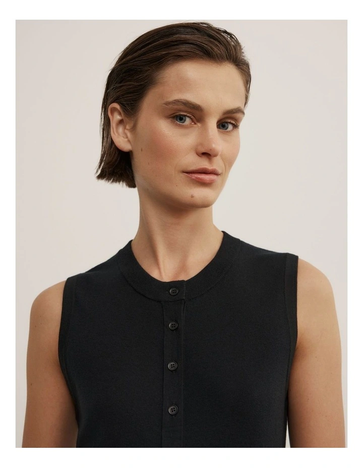 Knit Button Tank in Black image 3