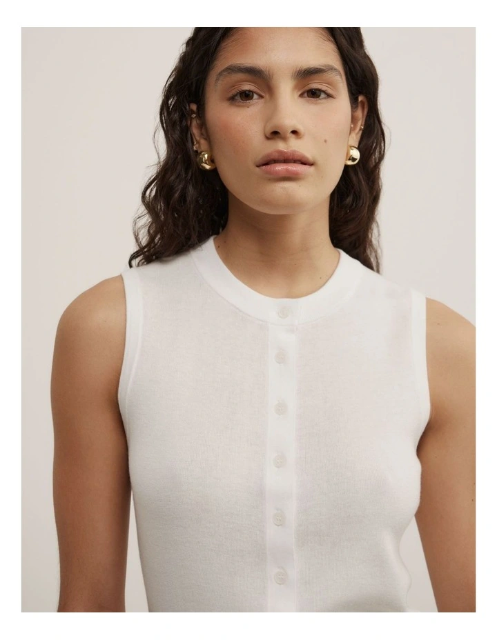Knit Button Tank in Fresh White image 3