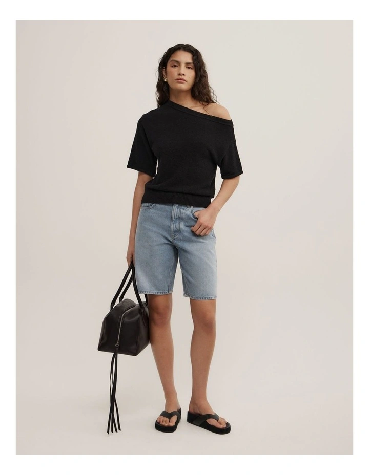 Asymmetric Textured Knit T-shirt in Black image 2