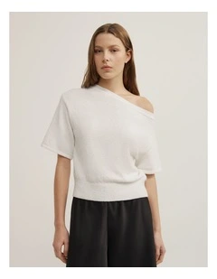 Asymmetric Textured Knit T-shirt in Chalk