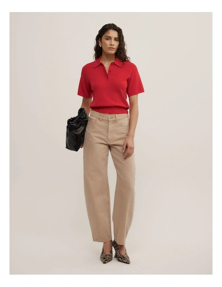 Knit Short Sleeve Polo Top in Scarlet image 1
