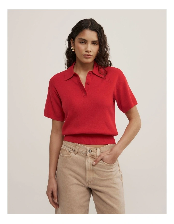 Knit Short Sleeve Polo Top in Scarlet image 2