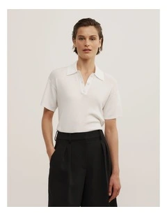 Knit Short Sleeve Polo Top in Fresh White