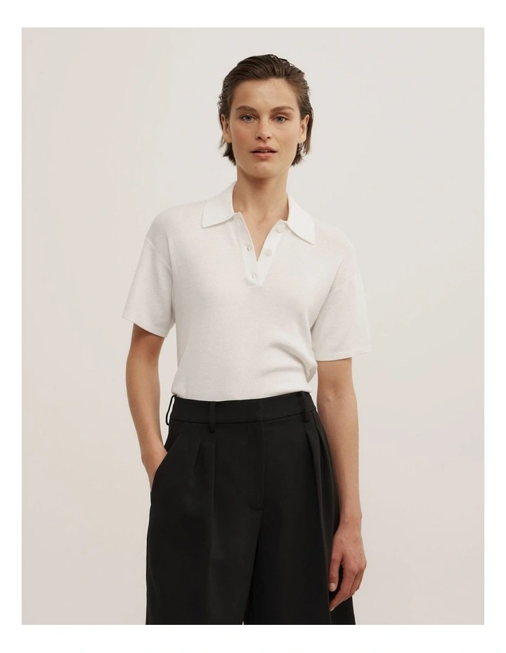 Knit Short Sleeve Polo Top in Fresh White image 1