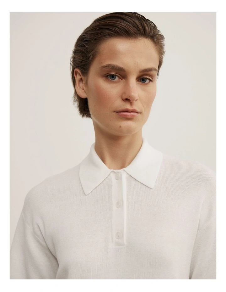 Knit Short Sleeve Polo Top in Fresh White image 3