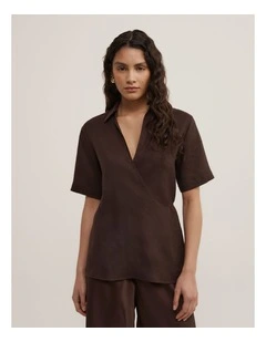 Wrap Linen Short Sleeve Shirt in Espresso