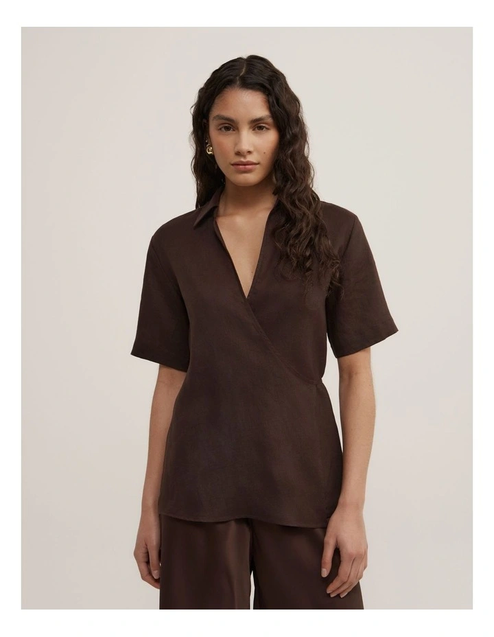 Wrap Linen Short Sleeve Shirt in Espresso image 1