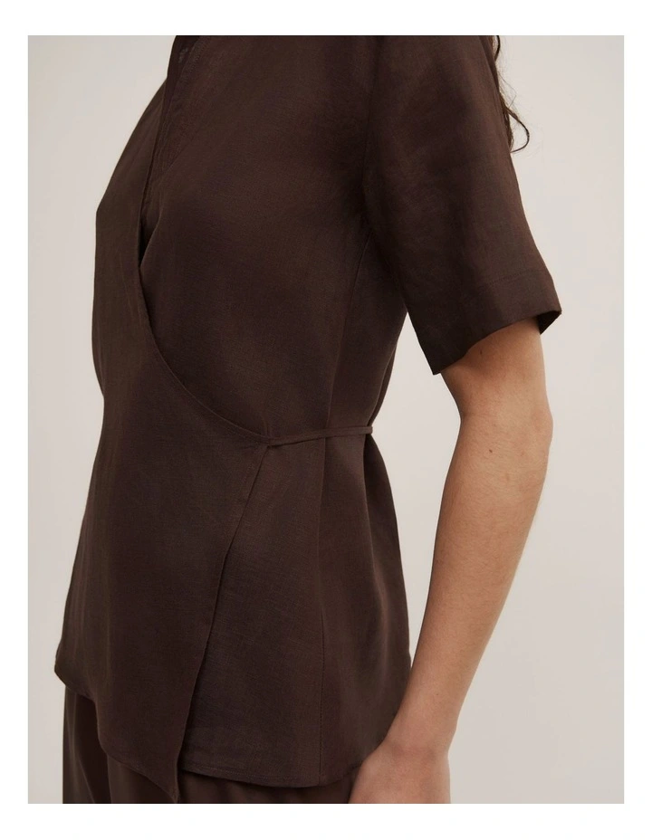 Wrap Linen Short Sleeve Shirt in Espresso image 3