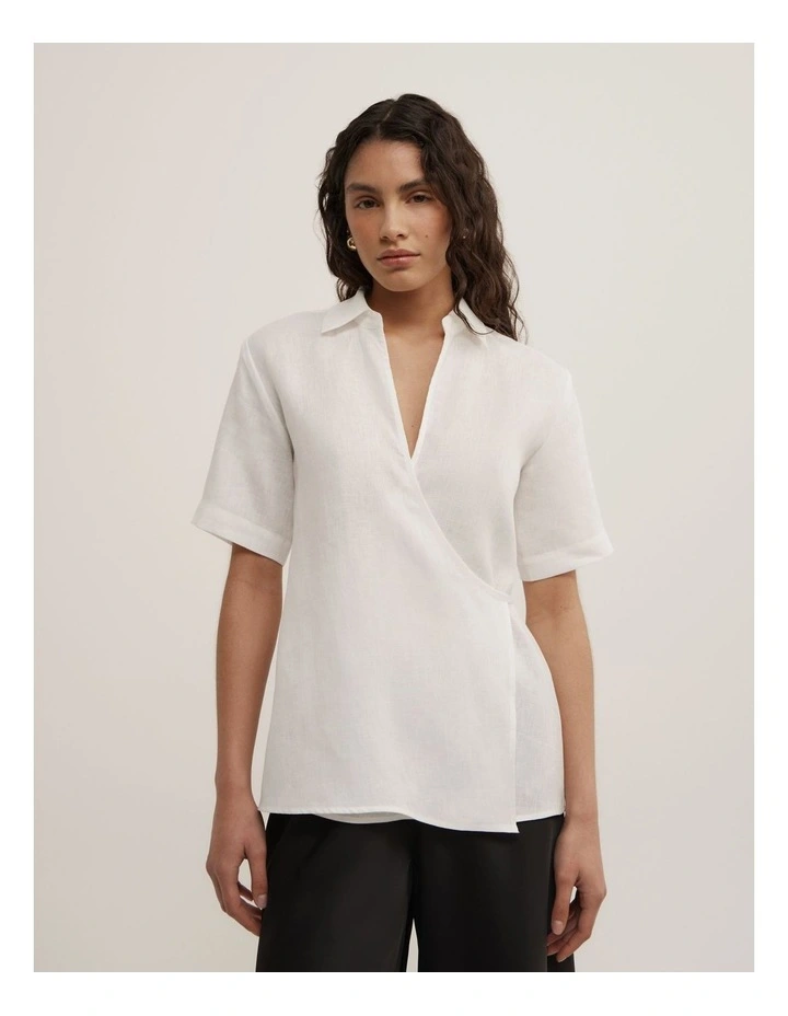 Wrap Linen Short Sleeve Shirt in Fresh White image 1