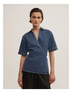 Wrap Denim Short Sleeve Shirt in Horizon Blue
