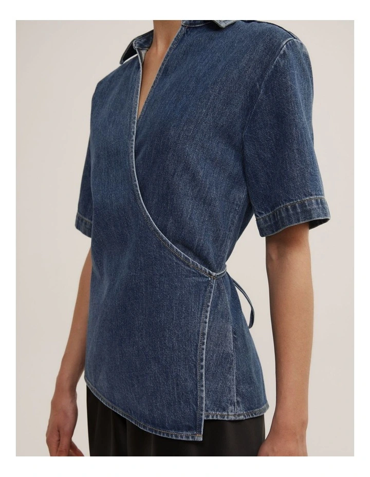 Wrap Denim Short Sleeve Shirt in Horizon Blue image 3
