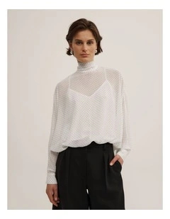 Gather Hem High Neck Shirt in White Spot