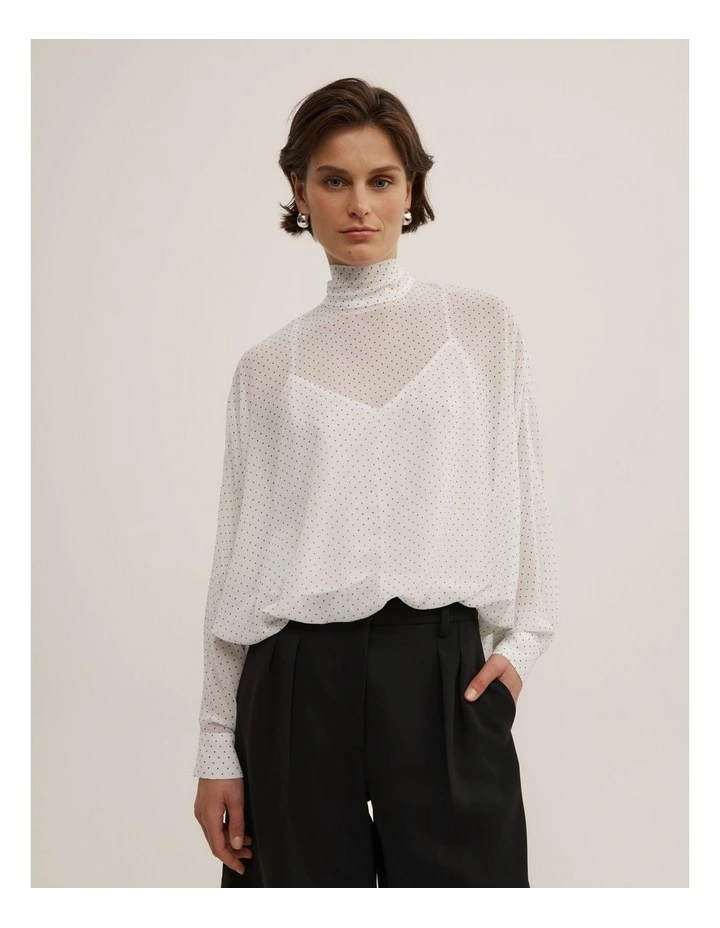 Gather Hem High Neck Shirt in White Spot image 1