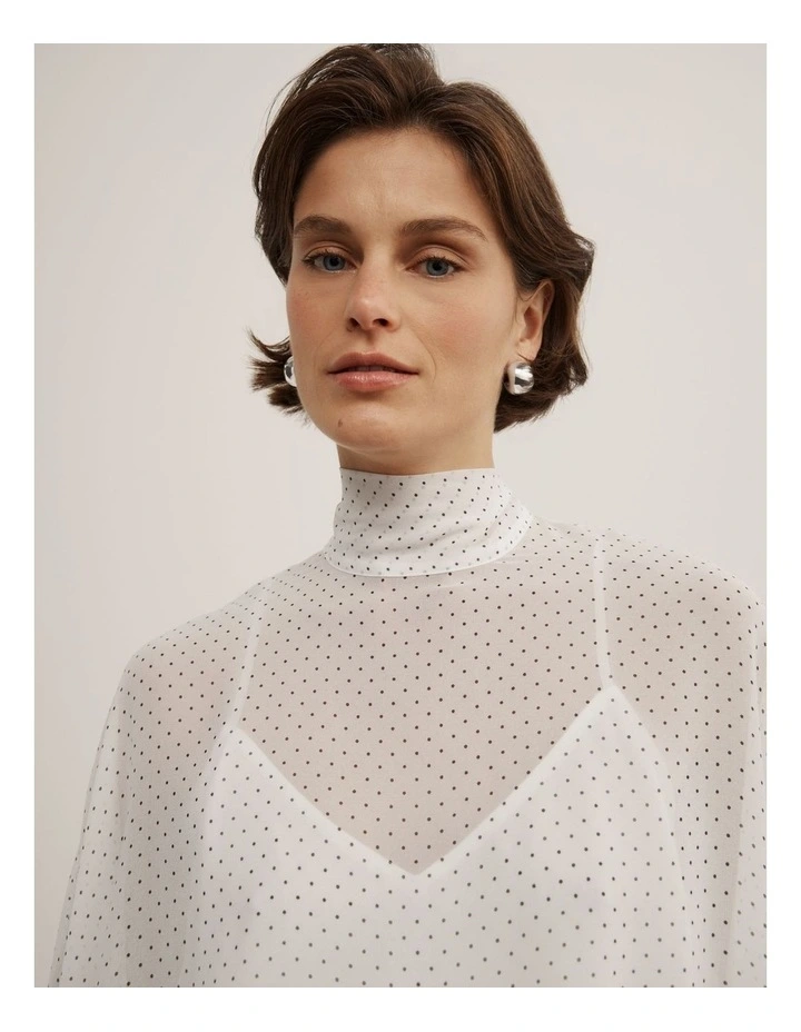 Gather Hem High Neck Shirt in White Spot image 3