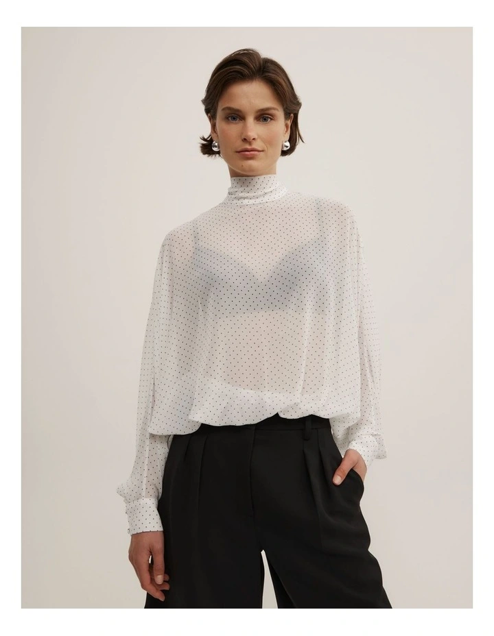 Gather Hem High Neck Shirt in White Spot image 4