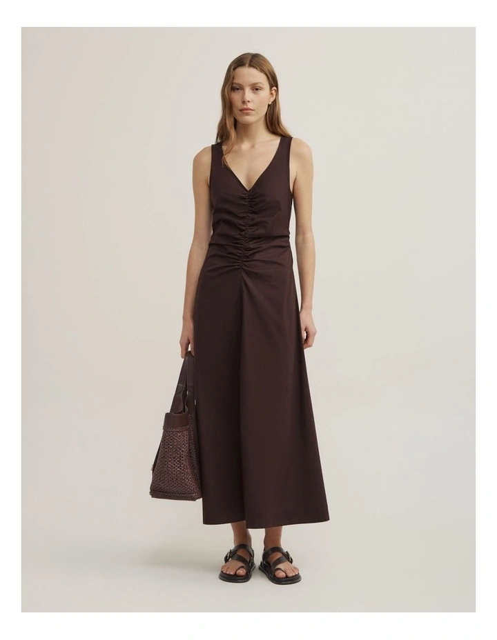 V-neck Gather Midi Dress in Espresso image 1