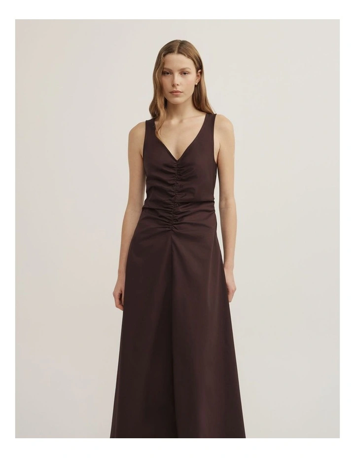 V-neck Gather Midi Dress in Espresso image 2