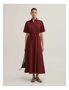 Drawstring Shirt Midi Dress in Rust