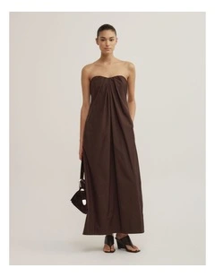 Gathered Bandeau Midi Dress in Espresso